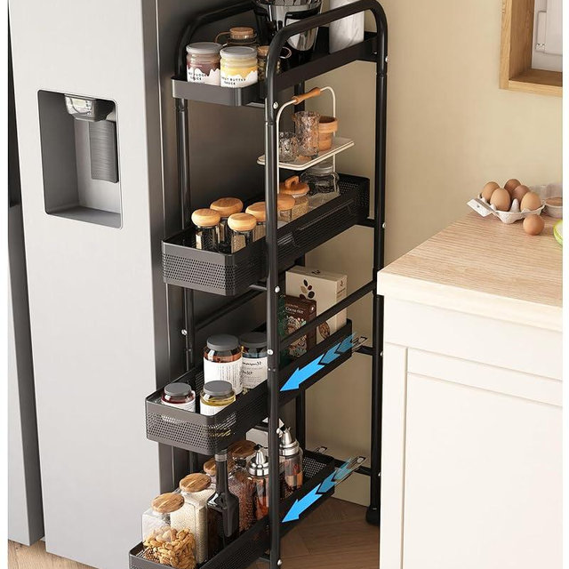 UMDONX Slim Storage Cart 4 Tier with Pull Out Basket Bathroom Organizer Rolling cart, Rolling Utility Cart Slide Out Organizer for Kitchen, Bathroom, Laundry Black