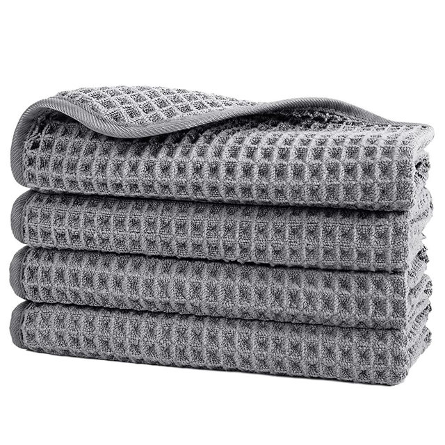 POLYTE Microfiber Lint Free Washcloth Face Towel, 13 x 13 in, 4 Pack (Gray, Waffle Weave)