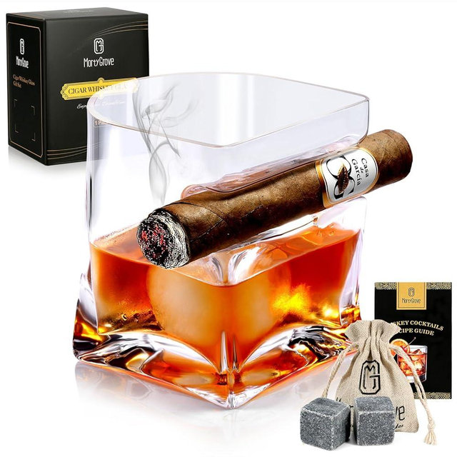 Cigar Whiskey Glass with Cigar Holder-Old Fashioned Glass Set with Cigar Accessories-Crystal Whisky Glass Set with Indented Cigar Rest for Bourbon,Cocktail, Gifts for Men/Dad/Husband(9.5oz)