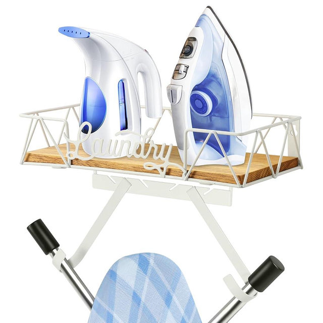 PERFNIQUE Ironing Board Holder, Iron Board Wall Mount, Ironing Board Hanger, Laundry Room Organization with Removable Hooks(T&V Shaped), Wooden Base Basket, Laundry Room Decor(Laundry, White)