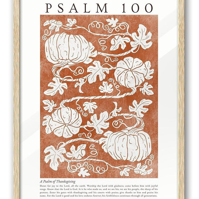EcoHest Fall Botanical Pumpkins Framed Wall Art, 12x16 in OAK Wood Christian Psalm 100 Canvas Wall Art, Beige Logs A Psalm of Thanksgiving Home Decor Set of 1 for Bedroom Living Room