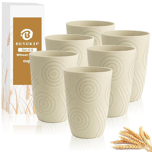 BUSOKIP Wheat Straw Cups 6 PCS - 16 OZ Cup Set, Unbreakable Drinking Glasses, Kids Cup Set for Kitchen, Alternative to Plastic Cups Reusable Dishwasher Safe Water Tumbler (Beige)