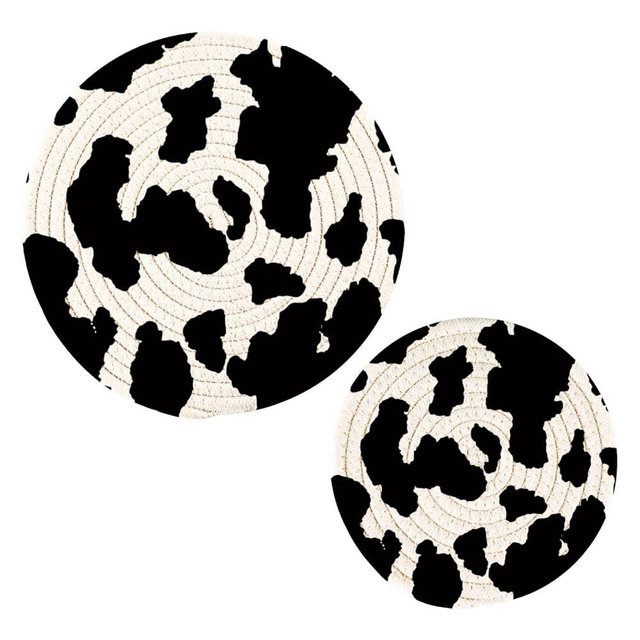 Qilmy Cow Kitchen Potholders Set of 2, Heat Resistant Round Trivets for Hot Dishes, Hot Pot and Pan, 7 Inch + 9 Inch