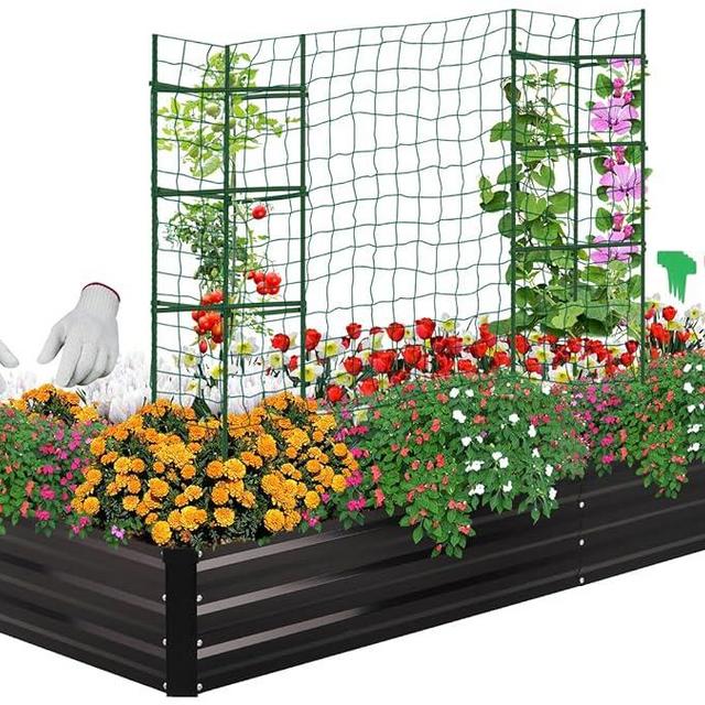 ONCEMORE Galvanized Raised Garden Bed for Vegetables Flowers Herbs, Metal Raised Garden Bed Kit with 2 PCS Tomato Cage, Gloves, Trellis Netting, Plant Labels, Plant Ties, Black 6×3×1FT