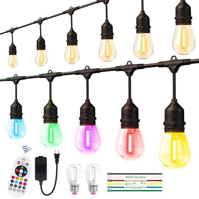 EIKOSON 26FT Outdoor String Lights, Outdoor Lights for Patio,with 12+2 LED RGBW Color Change,3000K Bright White Waterproof Bulbs, Dimmer & Remote, Customized 12 Colors & 4 Modes, for Backyard Decor