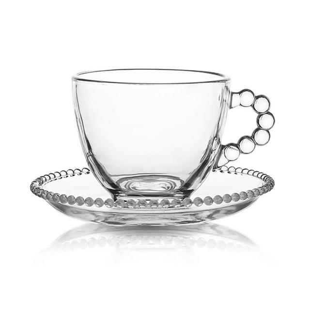 HolaJia Glass Coffee Mug with Saucer Set, Cute Creative Cup Unique Bead Design for Office and Home, Dishwasher and Microwave Safe, 8oz/230ml for Latte Tea Milk