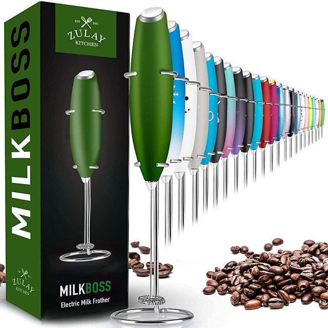 Zulay Original Milk Frother Handheld Foam Maker for Lattes - Whisk Drink Mixer for Coffee, Mini Foamer for Cappuccino, Frappe, Matcha, Hot Chocolate by Milk Boss (Metallic Green)