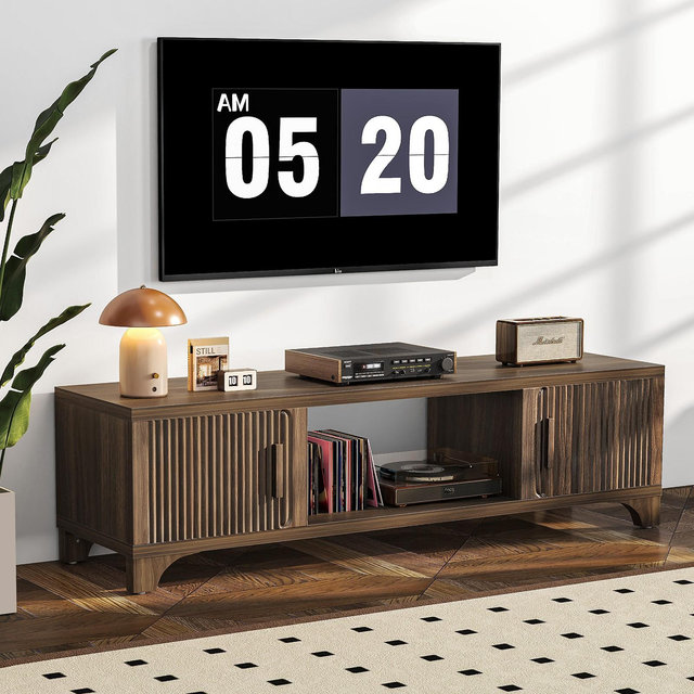 SUGIFT Mid-Century Modern TV Stand for 32"–65" TVs, Entertainment Center with Fluted Doors & Cord Management