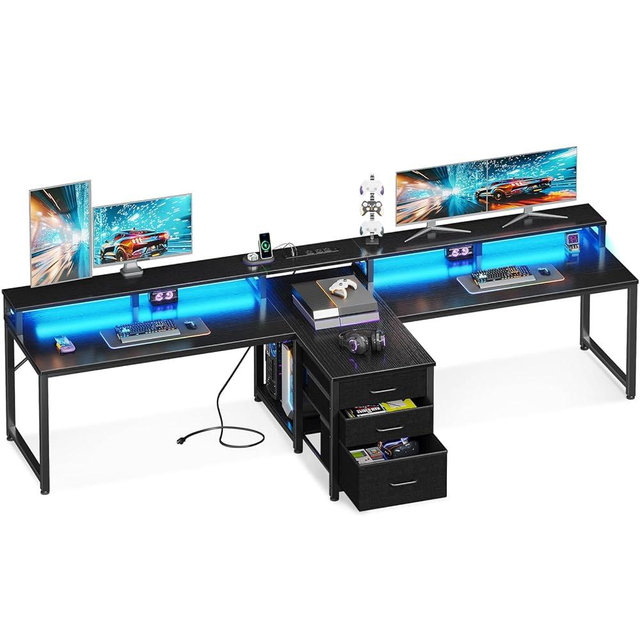 Coleshome 94" Computer Desk with Fabric Drawers & File Cabinet- 2 Person Home Office Desks with Power Outlet & LED Light, Long Writing Desk with Monitor Stand, Storage Shelves, Study/Work Table, Black