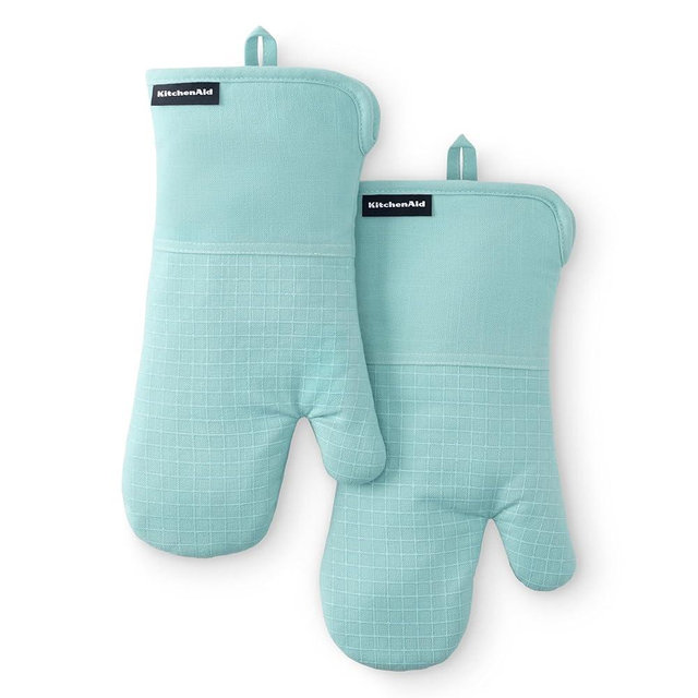 KITCHENAID Gourmet Series Gridlines Oven Mitts 2-Pack Set, Heat Resistant up to 600°F, Soft Silicone Grip, Magnetic Cuff, Mineral Water Aqua, 7"x14"