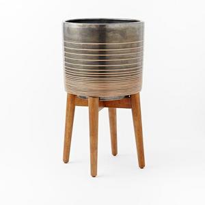 Turned Wood Leg Standing Planter, Tall, Black/Gold