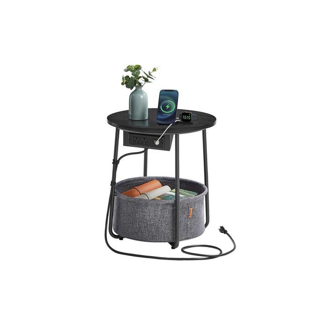 VASAGLE Side Table with Charging Station, Round End Table With Fabric Basket, Nightstand with Power Outlets USB Ports Ebony Black and Slate Gray