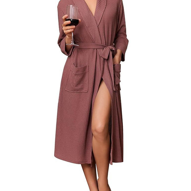 Ekouaer Robes for Women Long Waffle Knit Bathrobe Lightweight Kimono Robe Soft Shawl Collar Spa Robes with Pockets S-XXL