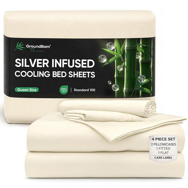 GroundBam Silver Infused Bed Sheets Set, Temperature-Regulating Fabric with Self-Cleaning Technology for 3X Freshness Sleep, Genuine Organic Viscose Derived from Bamboo (OffWhite, Queen)