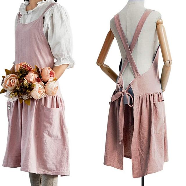 Cotton Linen Cross Back Apron for Women with Pockets for Baking Painting Pink with Waist Ties