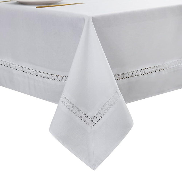 EHouseHome Heavy Duty Fabric Tablecloth with White Lace-Waterproof/Wrinkle Free/Stain Resistant/Oil Proof-for Dining,Indoor&Outdoor,Wedding,Holiday,White,Rectangle 60x84Inch