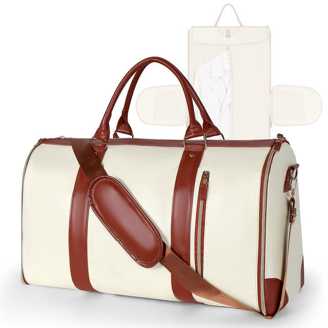 Geestock Garment Bags for Travel, PU Leather Carry On Garment Duffle Bag for Women with Shoe Pouch, 2 in 1 Convertible Suit Travel Bag (Beige)