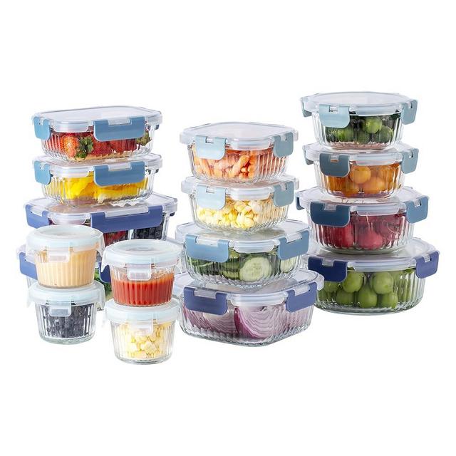 COOK WITH COLOR Premium 32-Pc. Borosilicate Glass Food Container Set with Dividers - 4 Rectangles, 8 Rounds, 4 Squares - Leakproof Lids - Meal Prep, Storage, Fluted Ombre Blue