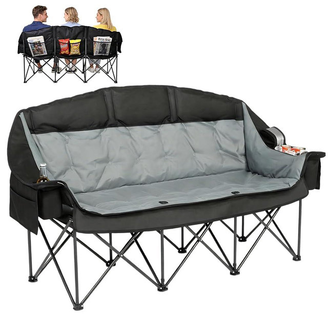3 Person Camping Chair for Adults Folding Double Camping Chair Oversized Heavy Duty Camping Loveseat with Cup Holders & Carry Bag, Portable Outdoor Lawn Chair for Camping, Beach, Backyard Black & Grey