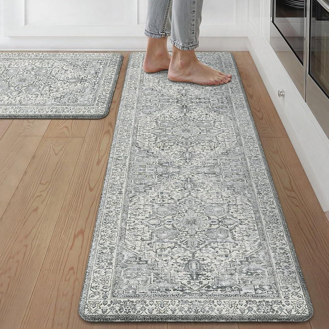 GENIMO Kitchen Mats for Floor, 2PCS Kitchen Rugs Non Slip Washable, Waterproof Anti Fatigue Mat, Comfort Standing Runner Rug for Sink, Office, Laundry, Home, 17.3"x59"+17.3"x30", LightGrey