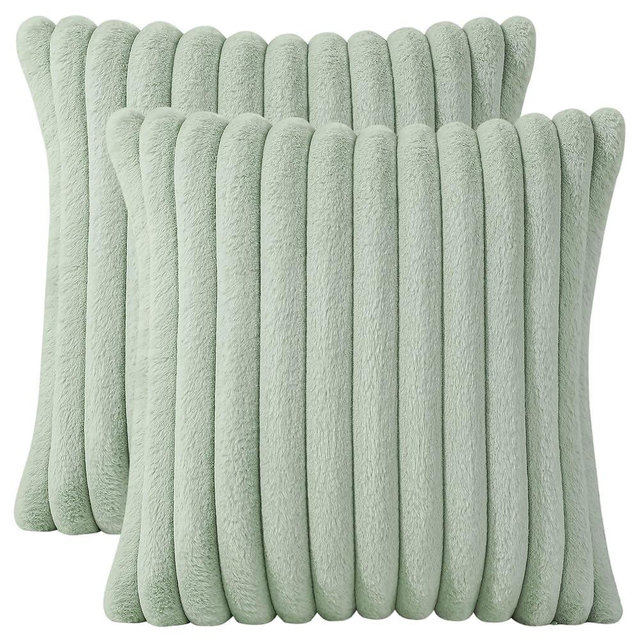 AmHoo Pack of 2 Decorative Throw Pillow Covers Faux Rabbit Fur Cozy Velvet Super Soft Fuzzy Striped Set Case Cushion for Couch Sofa Bedroom 16 x 16-Inch Light Green