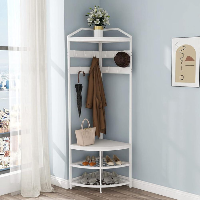 GiftGo Corner Hall Tree with Shoe Bench Entryway Coat Rack with 10 Metal Movable Hooks Freestanding Clothes Rack Shoes Shelf Organizer for Home Office Bedroom (White)