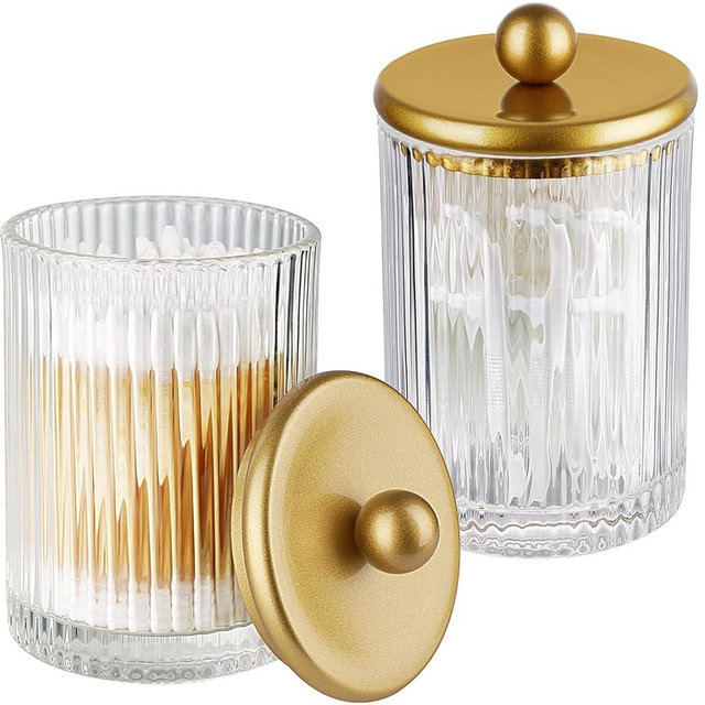 SheeChung Qtip Holder Dispenser 2Pack, Glass Apothecary Jars with Lids, Countertop Canister Guest Bathroom canisters -Vanity Organizer for Cotton Round/Balls/Pads,Q-tips, Floss Pick, Bath Salts(Gold)