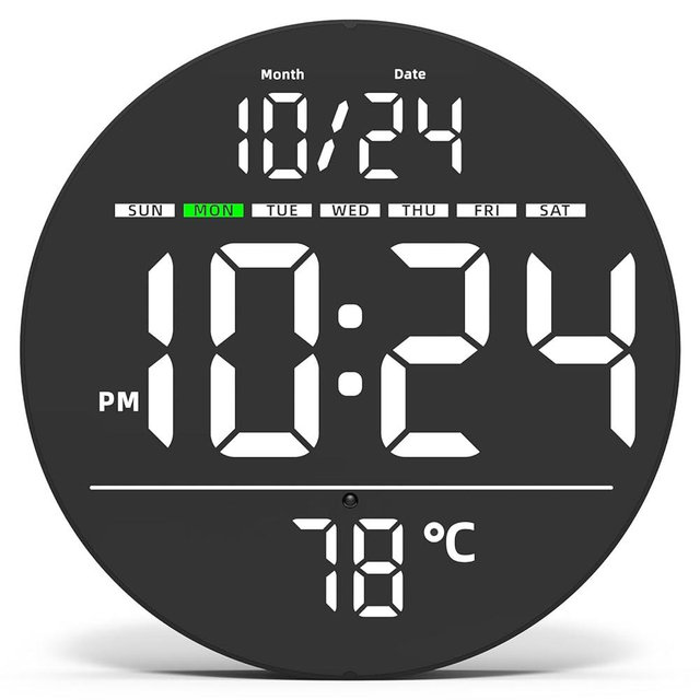 Digital Wall Clock with Large LED Display, Auto-Brightness, Temperature, Low-Reflectivity, Small Silent Non-Ticking Modern Electric Wall Clock for Bedroom, Living Room, Office, Classroom, Farmhouse