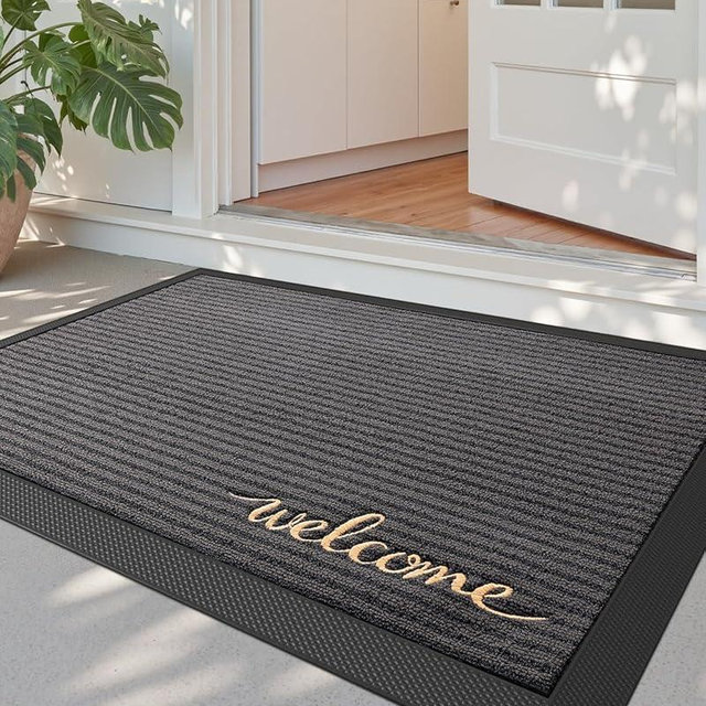 DEXI Front Door Mat Outside Entrance, 2x3 ft Rubber Entry Doormat Heavy Duty, Non Slip Welcome Mats for Inside House Floor Entryway Exterior Patio, Welcome Grey
