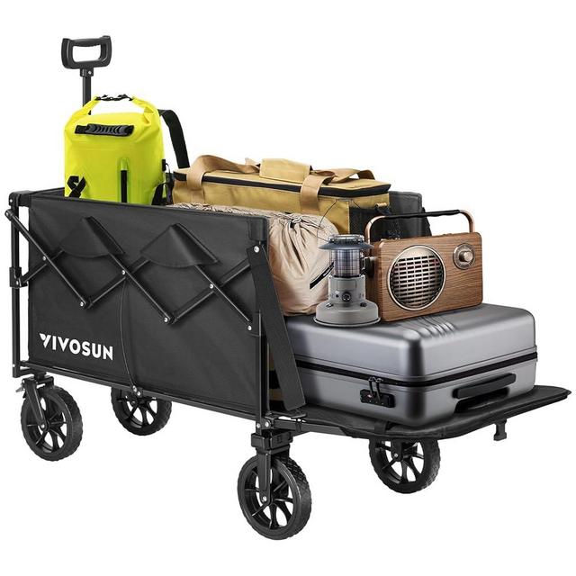 VIVOSUN Collapsible Wagon with Tailgate, 330lb Load-Bearing Outdoor Utility with All-Terrain Wheels, Adjustable Handle, Cup Holders for Camping, Shopping, Garden, Sports, Picnic, Black