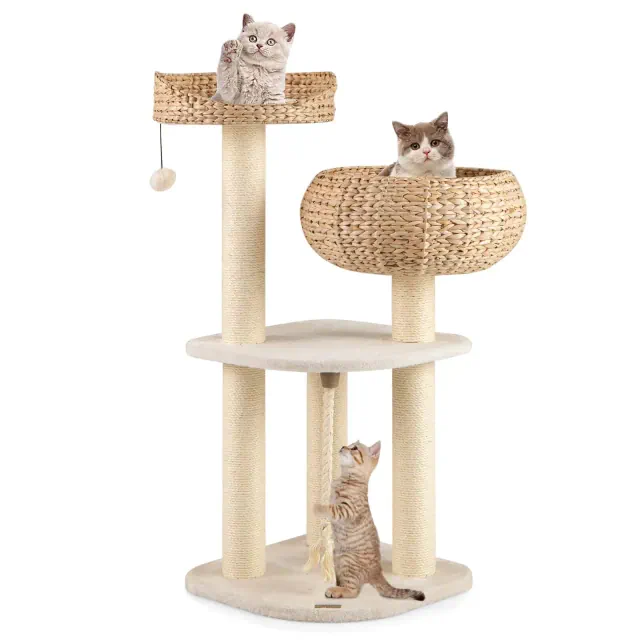 Costway 41'' Hand-Made Cat Tree Tower Natural Bowl Shaped w/ 2 Perch White
