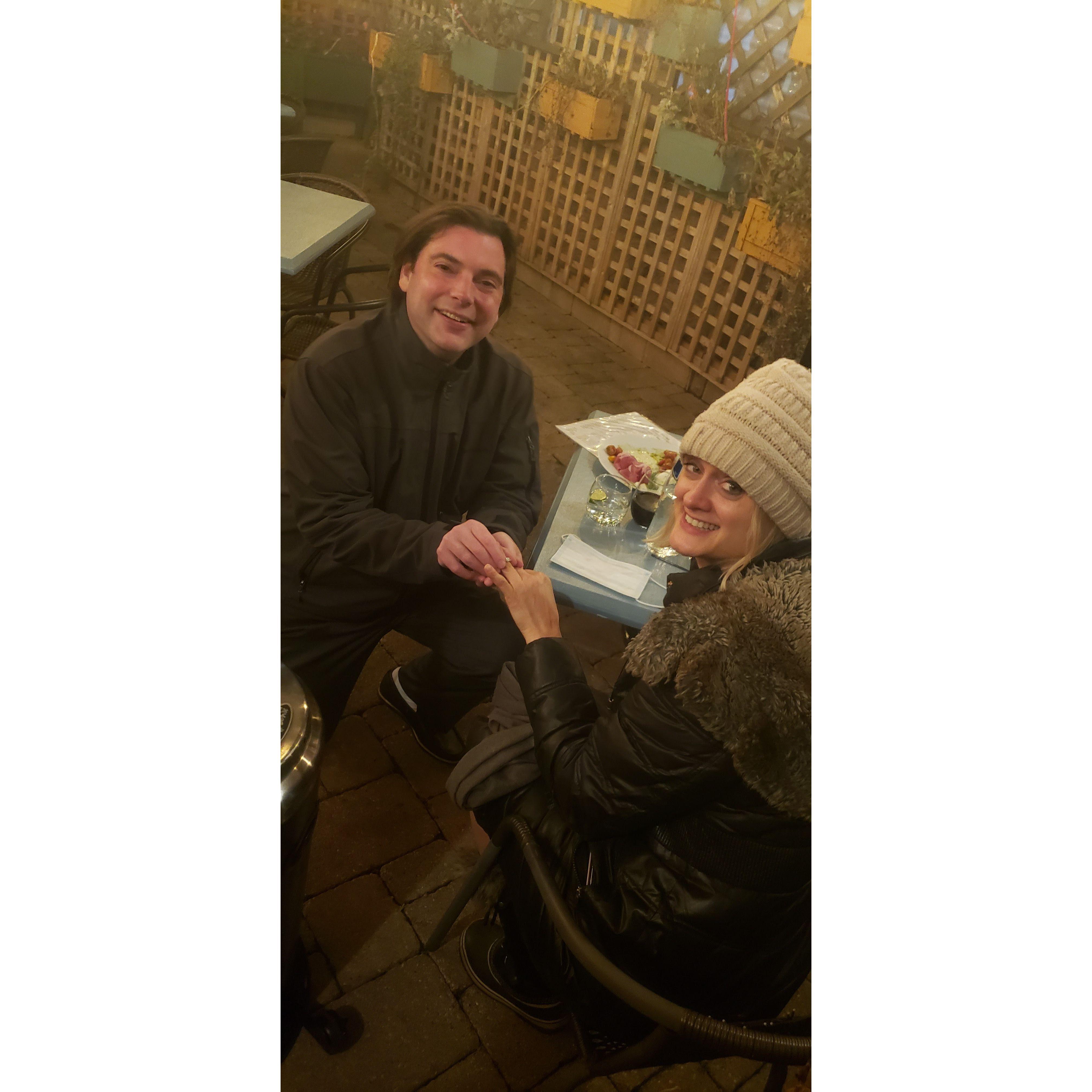 The proposal!  November 27, 2020 at Due Lire in 37F under a heat lamp on the outdoor patio!  Best thing that came out of Covid!