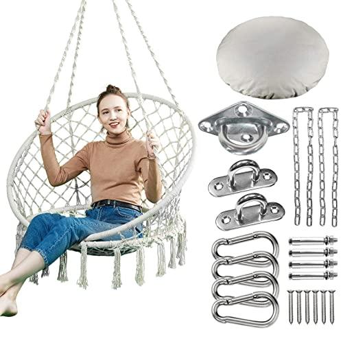 Greenstell Hammock Chair, Macrame Swing with Cushion and Hanging Hardware Kits, Max 330 Lbs Hanging Cotton Rope Swing Chair, Comfortable Hanging Chairs for Indoor, Outdoor, Home, Patio, Yard (Beige)