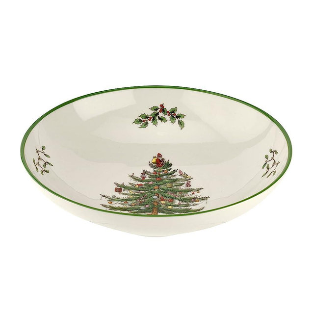 Spode- Christmas Tree Collection Pasta Bowl, 9-Inch, Dishwasher, Microwave, and Freezer Safe, Made of Porcelain, Serveware, Christmas Tree Design, Green/Beige