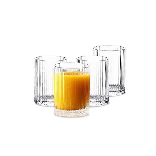 Glass Cups Vintage Glassware Set of 4 Small, Origami Style Transparent Cocktail Glasses Set, Bar Beverages Ice Coffee Cup Juice Ripple Drinkware, 280ml (S)