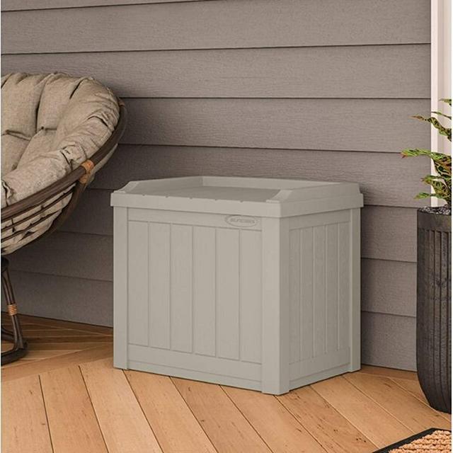 22 Gallon Small Deck Box with Storage Seat - Weather Resistant, Water Resistant, UV Protection Lightweight Plastic Resin Indoor/Outdoor Storage Container and Seat - Light Taupe By USA Treasure