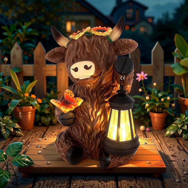 PaLuQiYa Solar Highland Cow Outdoor Statues for Garden,Outside Decor with Latern for Yard Lawn Ornaments Porch Patio Balcony Home,Birthday Easter Gifts for Grandma Mom Women