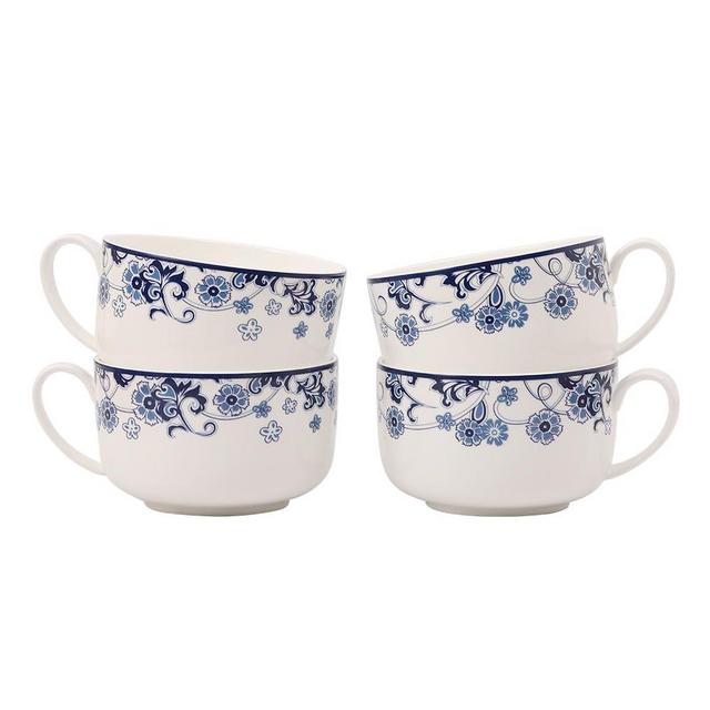 Porlien Navy Blue 27-ounce Soup Bowl set with handle, Porcelain Cereal Bowls, Noodles Bowl, Ramen Bowls Set of 4