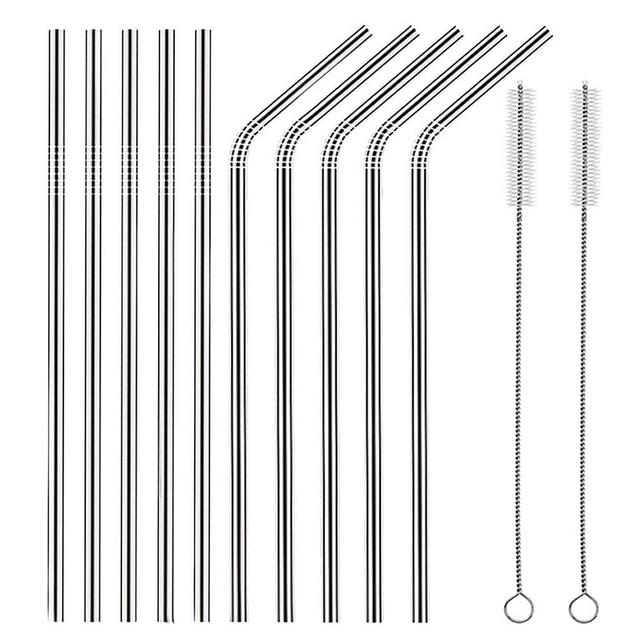 Set of 10 Stainless Steel Straws, HuaQi Bent Reusable Drinking Straws 10.5'' Long 0.24‘’ Dia for 30 oz Tumbler and 20 oz Tumbler, 2 Cleaning Brush Included