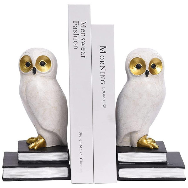 Kakizzy Owl Statue Home Decor, Unique Standing Owl Bookends for Office Decor Resin Owls Figurine for Bookshelf Décor 1 Pair Decorative Bookends Cute Bird Book Ends Fun Book Ends for Kids (Owl-White)