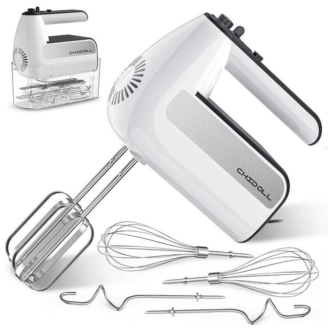 5-Speed Electric Hand Mixer, 800W Handheld Mixer with Turbo for Baking & Cooking, Kitchen Food Mixer with Storage Case & 5 Stainless Steel Attachments (2 Beaters, 2 Dough Hooks, 2 Whisks)-White