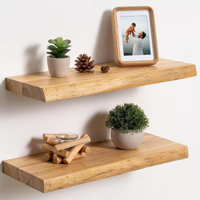 fuqing Live Edge Floating Shelves for Wall 20 inch, 8 Inch Deep Solid Elm Wood Floating Wall Shelves - Rustic Wooden Shelves with Invisible Brackets for Living Room Bedroom Kitchen, 2 Pack, Natural
