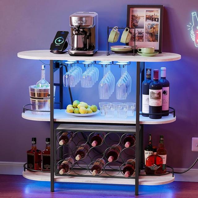 VASAGLE Bar Cabinets for Home, LED Coffee Bar with Power Outlets, Home Mini Bar for Liquor, Freestanding Wine Rack with Glass Holder, Kitchen, Dining Room, Rustic White ULWR007W01
