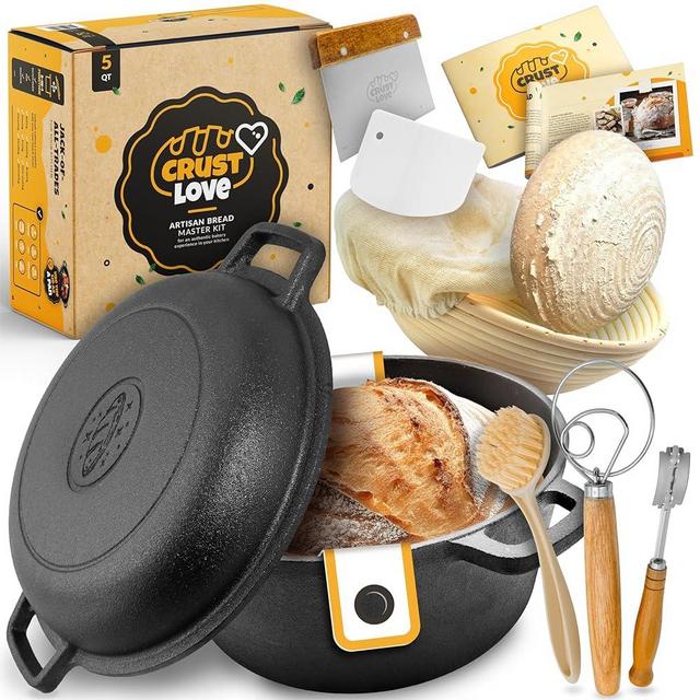 Crustlove Cast Iron Dutch Oven for Bread Baking - incl. Sourdough Bread Baking Supplies like Banneton Bread Proofing Basket - 5QT Cast Iron Bread Oven with Lid Bread Banking Pan Pot Scoring Tool Lame