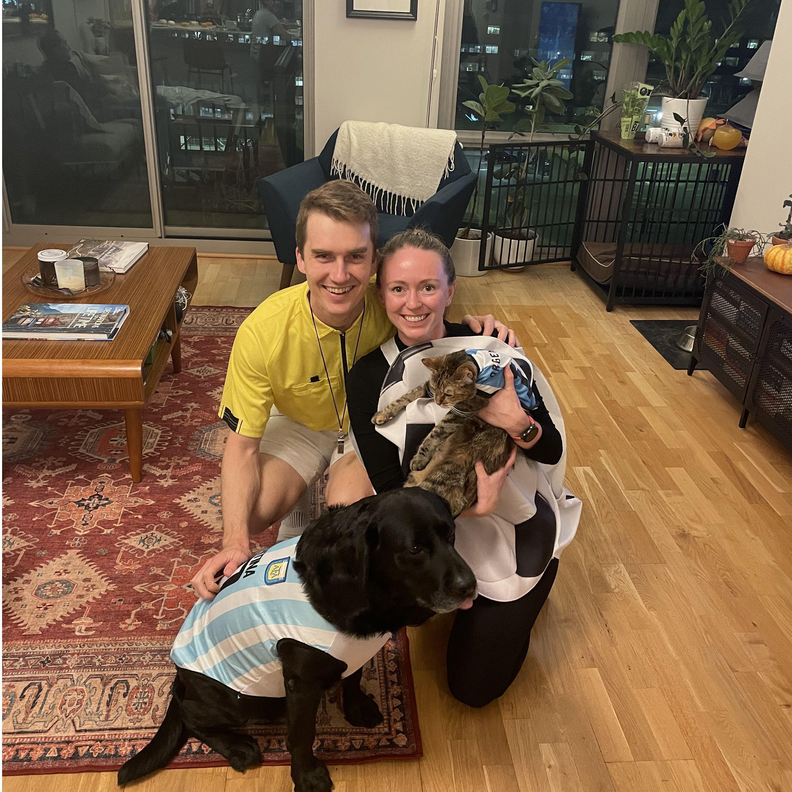 Celebrating Halloween! We don't follow soccer, but Morgan found these jerseys at a street festival in Argentina and couldn't resist bringing them home for Lucy and Mia.