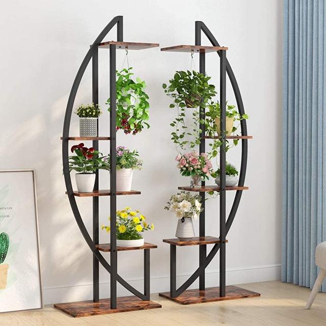 Tribesigns 5-Tier Plant Stand Pack of 2, Multi-Purpose Curved Display Shelf Bonsai Flower Plant Stand Rack for Garden, Patio, or Balcony, Home Use (Rustic Brown)