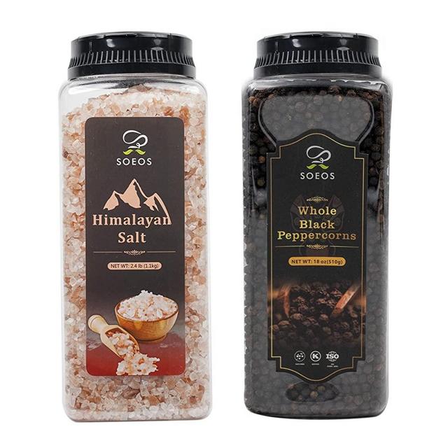 Soeos Himalayan Salt 38.8oz + Whole Black Peppercorns 18oz. Coarse Grain Pink Salt
