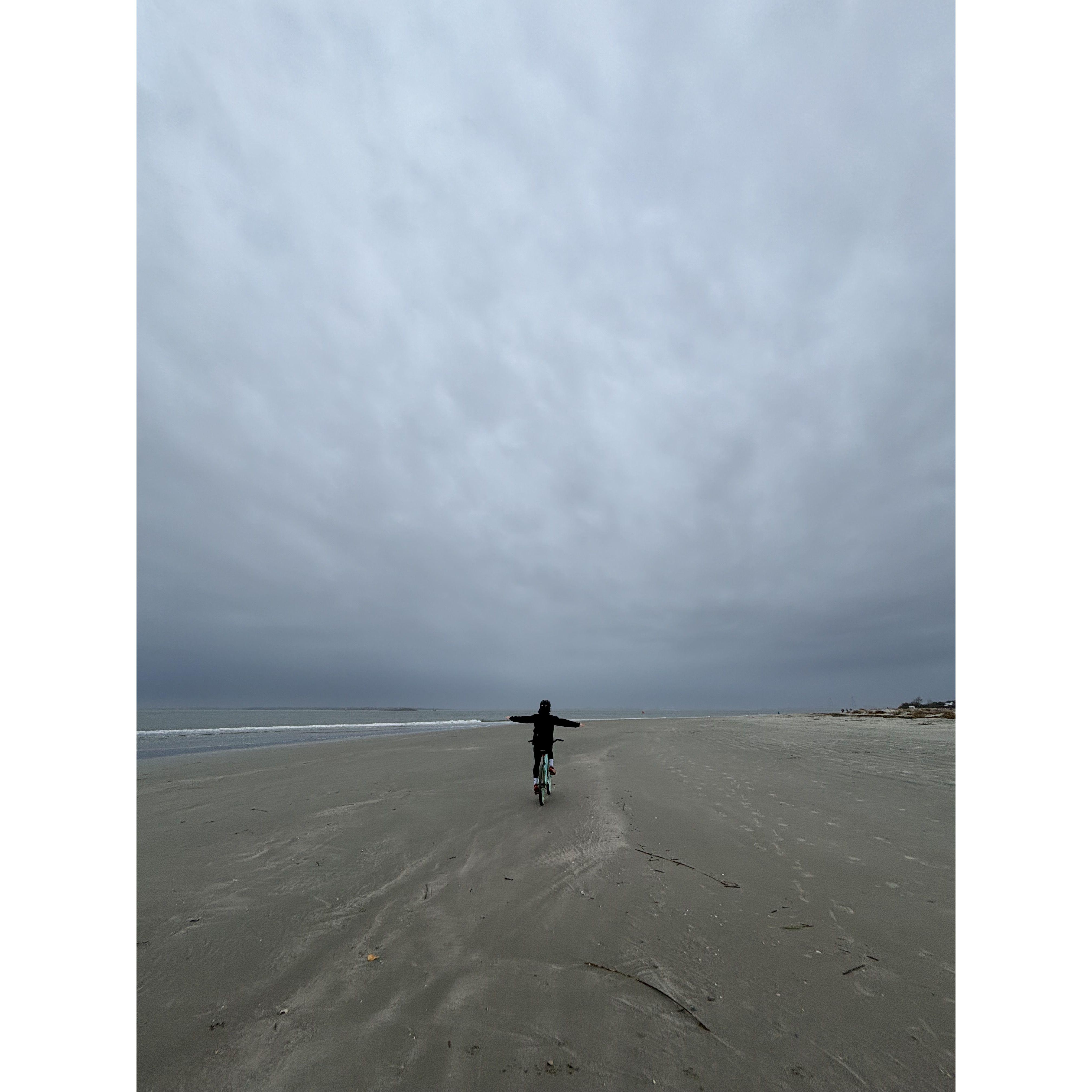 I learned how to ride with no handlebars and Tommy snapped a picture. I have already forgotten how to do it.
Immediately after this it torrential downpoured and we got trapped for 2 hours in WWI fort.