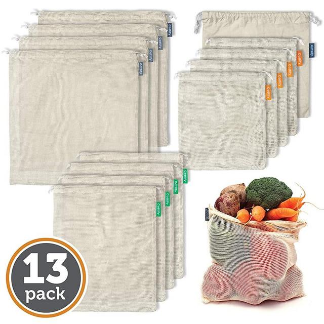12+1 Reusable Organic Cotton Produce Bags | Mesh Produce Bags | Eco Friendly | Double-Stitched & Tare Weigh | Reusable Produce Bags Washable | Lightweight | Value pack of 13 (4S, 4M, 4L +1 Muslin)