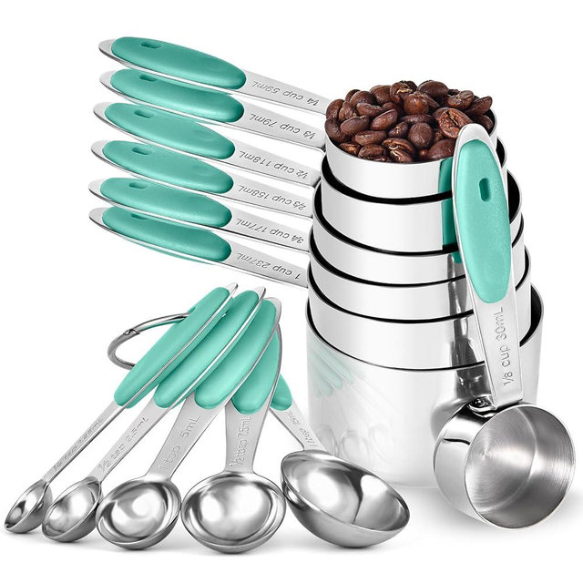 U-Taste Measuring Cups Spoons Set: 18/8 Stainless Steel 12 Pieces Stacking Kitchen Baking Cooking Food Measure Scoop Set, 7 Cups & 5 Spoons with Strengthened Weld Joints (Aqua Sky, Upgraded Version)